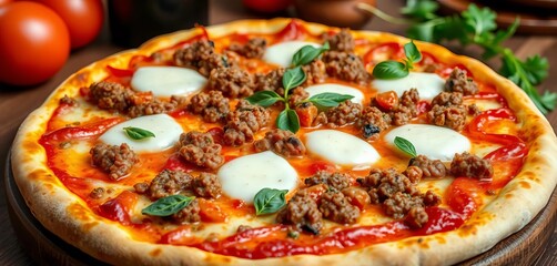 Delicious Italian pizza topped with minced meat & mozzarella cheese,  italian food,   minced beef
