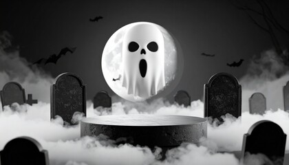 Spooky ghost ascends graveyard podium
