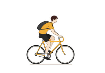 Obraz premium A young man cycles on a vintage bicycle, showcasing a healthy lifestyle. Simple, graphic illustration with a vibrant orange background. Ideal for health, fitness, and urban themes.