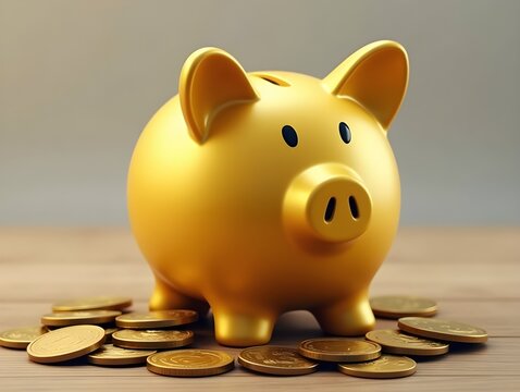 Finance concept. Golden piggy bank with around coins. Savings and investment, business and money