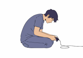 A young man intensely plays a video game, hunched over with a controller. The image conveys a focused, solitary gaming habit.  Clean, minimalist style.