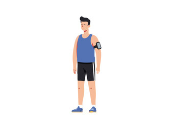 A man in athletic wear wearing a fitness tracker stands confidently. Simple