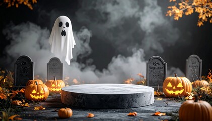 Spooky autumn display with grinning pumpkins and ghost