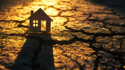 Small cardboard house standing on dry cracked land at sunset, representing concepts such as climate change, drought, earthquake, and loss of housing