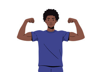 A muscular young man flexes his arms, showcasing strength and fitness. He wears a blue t-shirt and pants. Bold, graphic style. Perfect for health and wellness campaigns.