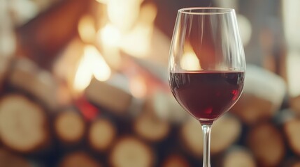 A Toast to Warmth: A radiant image showcasing a glass of ruby red wine, perfectly positioned against the backdrop of a warm fire. A celebration of comfort and leisure.