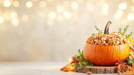 Autumnal Pumpkin Feast: A festive pumpkin, brimming with a medley of seasonal culinary delights. The warm colors of fall invite celebration.
