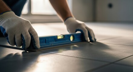 Professional worker using a spirit level to ensure perfect tile installation on a new floor