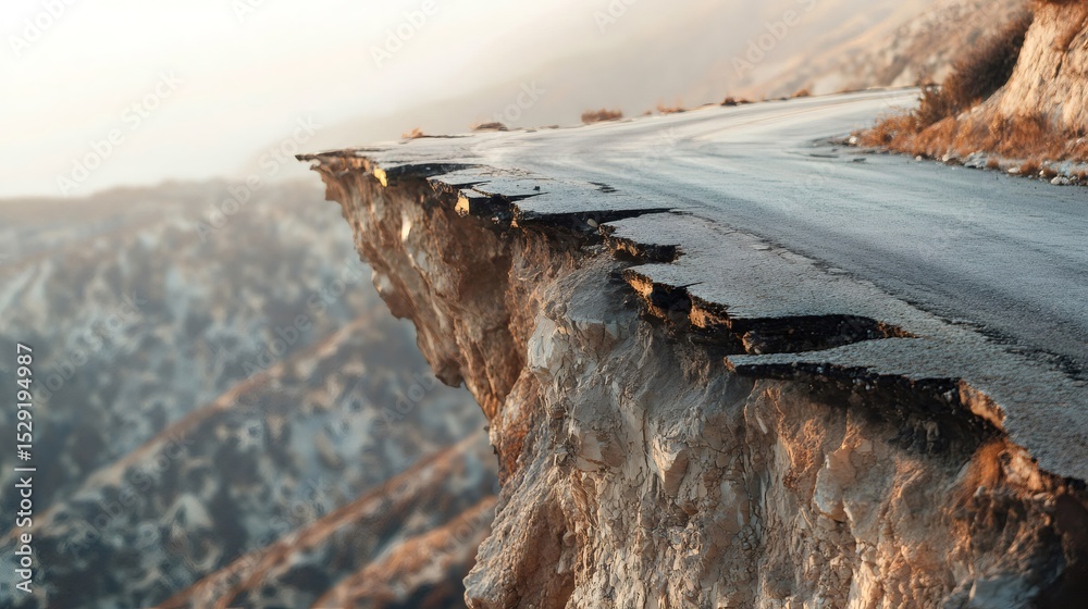 Poster broken asphalt road on the edge of a cliff after a powerful earthquake causing destruction and lands