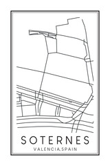 Hand drawn printable downtown road map poster of district SOTERNES of the Spanish city of VALENCIA on solid white background with city name