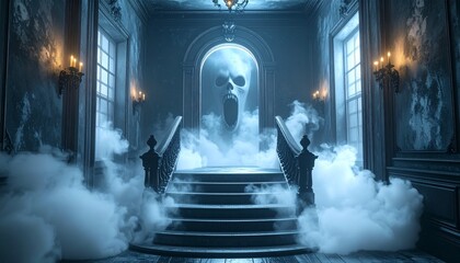 Haunted manor Spectral presence ascends the stairway
