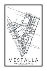 Hand drawn printable downtown road map poster of district MESTALLA of the Spanish city of VALENCIA on solid white background with city name