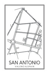 Fototapeta premium Hand drawn printable downtown road map poster of district SAN ANTONIO of the Spanish city of VALENCIA on solid white background with city name