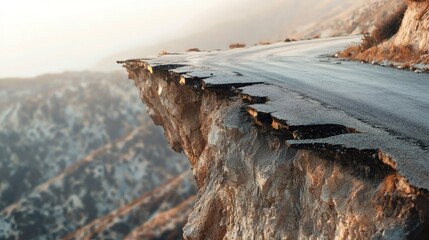 Broken asphalt road on the edge of a cliff after a powerful earthquake causing destruction and landslides in a mountainous area, highlighting the impact of natural disasters on infrastructure