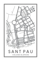 Fototapeta premium Hand drawn printable downtown road map poster of district SANT PAU of the Spanish city of VALENCIA on solid white background with city name