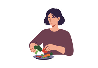 A young woman thoughtfully prepares a healthy vegetable plate. Soft colors and a simple composition create a calming visual. Focus on wellness and mindful eating.