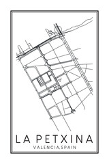 Hand drawn printable downtown road map poster of district LA PETXINA of the Spanish city of VALENCIA on solid white background with city name