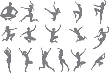 A collection of vector silhouettes featuring women in various elegant ballet, yoga, and fitness poses. Perfect for wellness branding, dance studios, workout infographics, and minimalist design project