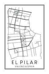 Hand drawn printable downtown road map poster of district EL PILAR of the Spanish city of VALENCIA on solid white background with city name