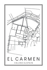 Hand drawn printable downtown road map poster of district EL CARMEN of the Spanish city of VALENCIA on solid white background with city name