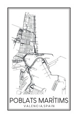 Obraz premium Hand drawn printable downtown road map poster of district POBLATS MARÍTIMS of the Spanish city of VALENCIA on solid white background with city name