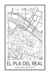 Hand drawn printable downtown road map poster of district EL PLA DEL REAL of the Spanish city of VALENCIA on solid white background with city name