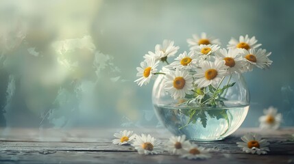 Still life with daisies in vintage glass bowl on old wooden table, soft dreamy atmosphere with natural light and scattered flowers