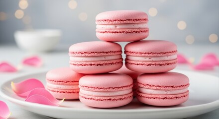 Stack of delicate pink macarons on a white plate with scattered rose petals and bokeh lights