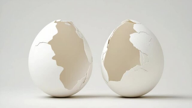 Two large, broken eggshell halves are placed upright on a neutral background.