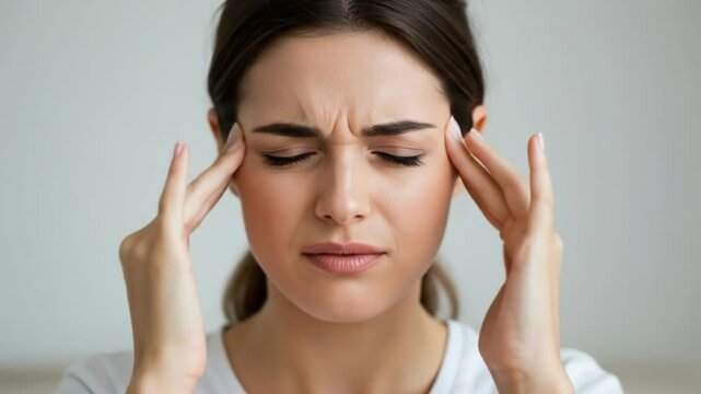 Woman massaging temples suffering from headache
