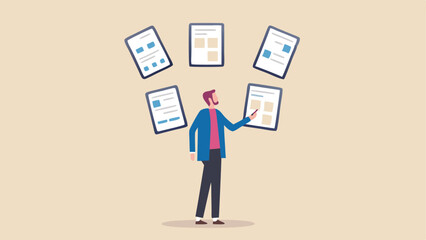 Man in blue jacket pointing at floating documents with data and charts in a light beige background
