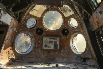 Deserted space station observatory with cracked domes starry sky visible