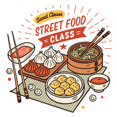 Vibrant poster advertising an Asian street food culinary class in California, featuring appetizing dishes and cooking tools.