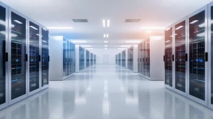 A modern data center filled with server racks in a bright, clean, high-tech environment. - Powered by Adobe