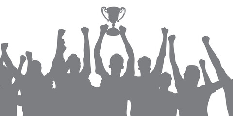 Vector collection of team silhouettes lifting trophies. The feeling of victory and togetherness is very much felt. Used for successful campaign designs, tournament posters, or promotional materials 