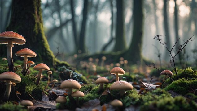 Natural Forest Mushrooms on Mossy Ground in Morning Light