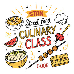 Design a vibrant poster for an Asian street food culinary class in California.  Showcase diverse dishes & energetic street food market atmosphere.