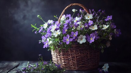 Vintage basket with purple and white wild flowers on dark moody background, still life composition with atmospheric floral arrangement
