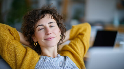 Close-up of content woman resting at laptop station, calm facial expression, arms folded behind neck, soft textures and calming tones around her desk setup