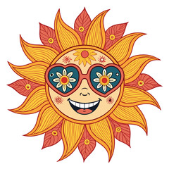 A cheerful sun character, smiling broadly, sporting heart-shaped sunglasses.  Digitally painted, vibrant colors.