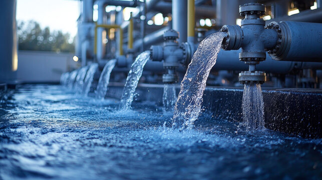A row of pipes at an oil and gas pow releasing water in a continuous flow, creating a dynamic fountain