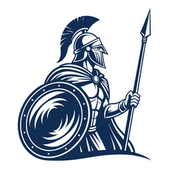 A fierce Spartan warrior, clad in bronze armor, helmet adorned with plumes, grips a long spear and round shield, standing defiantly against a blurred battlefield background.