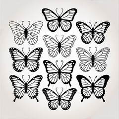 Collection of black and white butterfly illustrations representing nature and elegant design elements