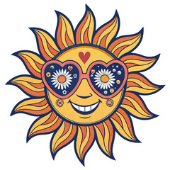 A cheerful cartoon sun character smiles broadly, sporting heart-shaped sunglasses and radiating warmth.