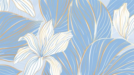 Minimalistic line art of with white and blue tropical leaves in golden line style