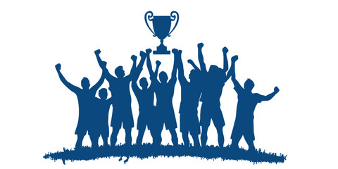 Vector illustration of a crowd of teams lifting the winning trophy. Full of spirit, cheers and pride. Ideal for sports content, social media and competitive championship branding designs.