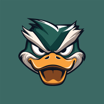 Angry Duck Mascot: A fierce and expressive illustration of an angry duck head, perfect for a sports team mascot or a bold brand identity.