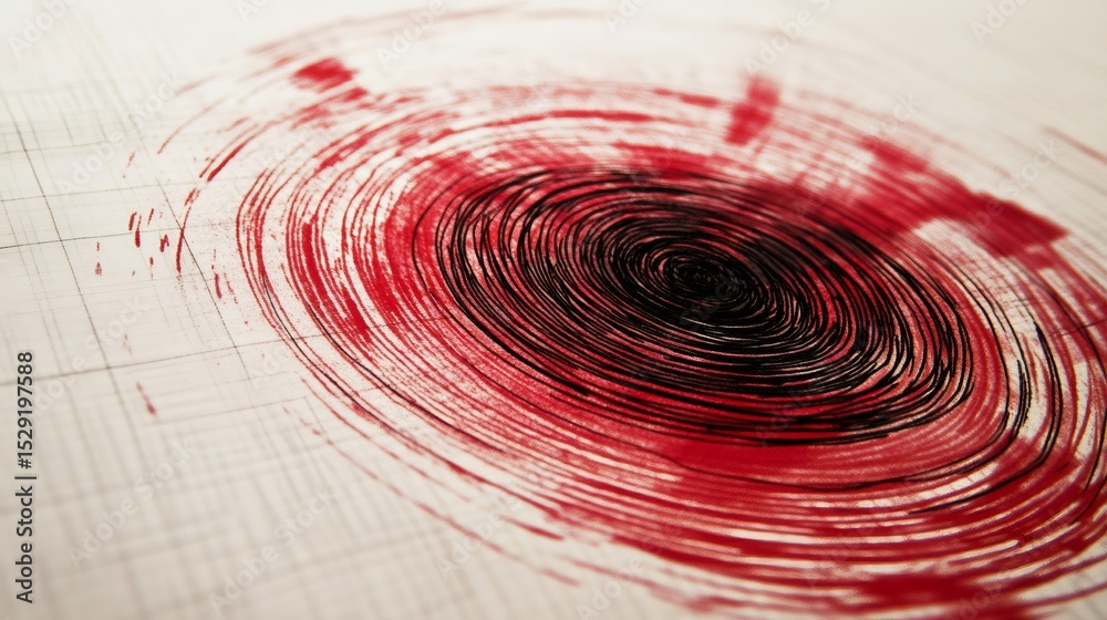 Aufkleber red and black ink drawing representing seismic waves expanding from the epicenter of an earthquake o