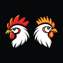 Rooster Profile Design: A striking design showcases two rooster profiles, their features and fiery comb, in a bold and minimalist aesthetic. A dynamic illustration.