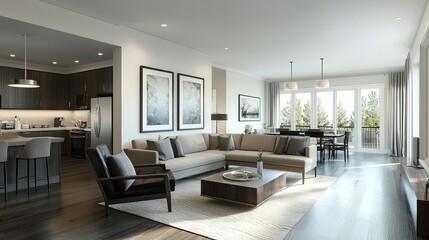 Modern luxury hotel suite living room with large sofa, dark wood floor, dining area, framed art, and natural light interior